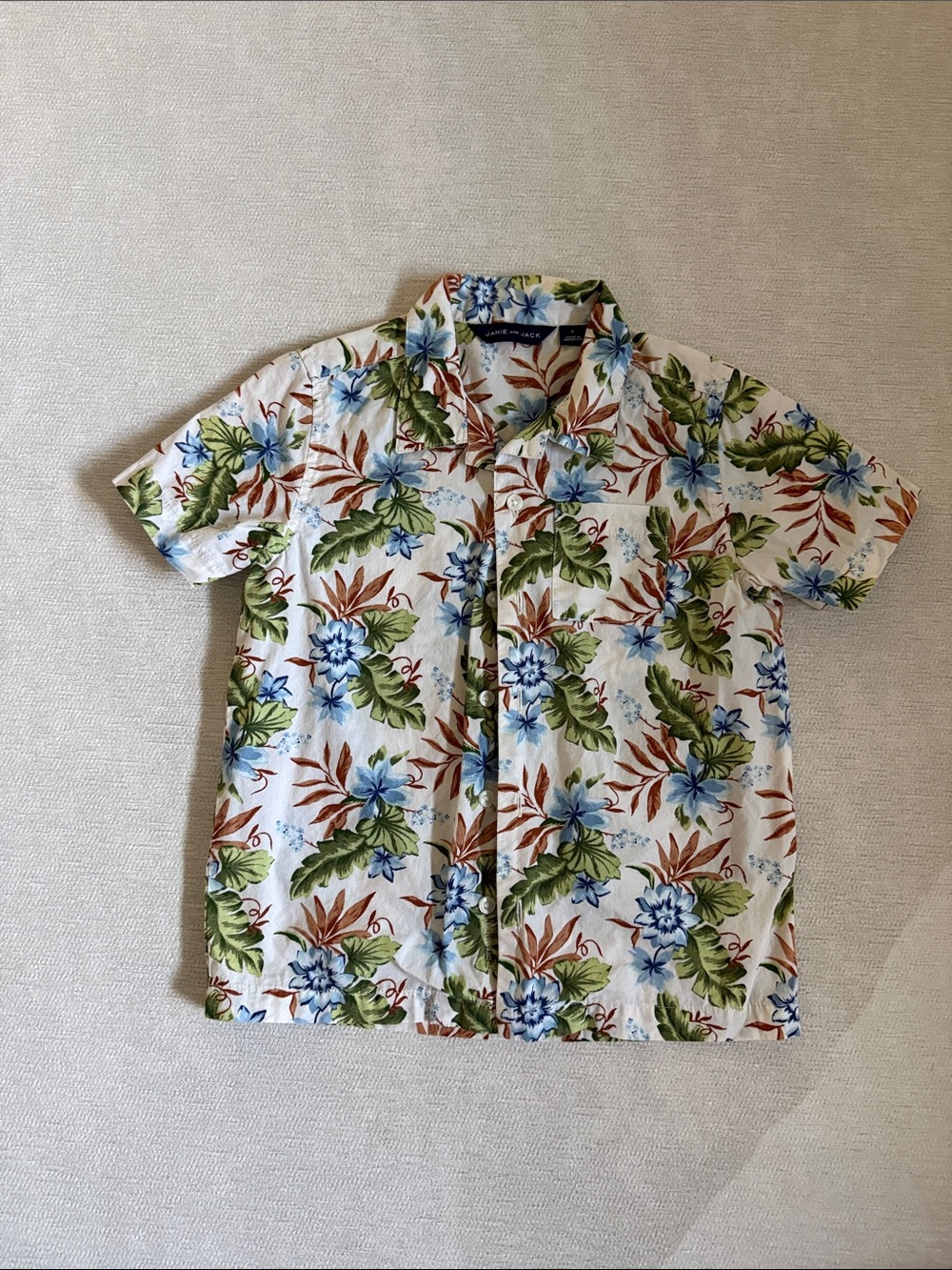 Janie and Jack White Short-Sleeve Hawaiian Shirt with Blue & Green Floral Print